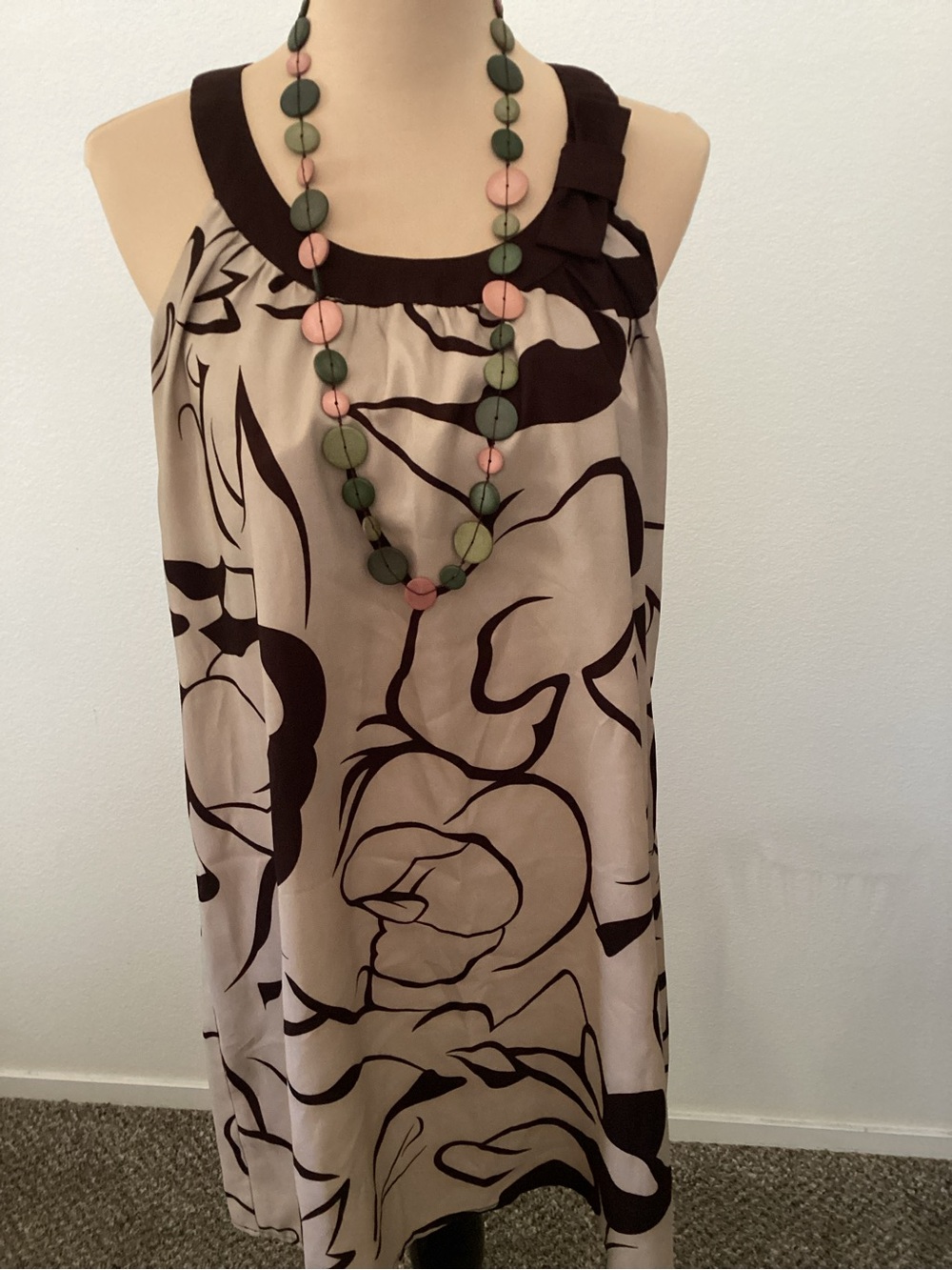 BCBGMaxAzria Beige and Dark Brown Floral Midi Dress